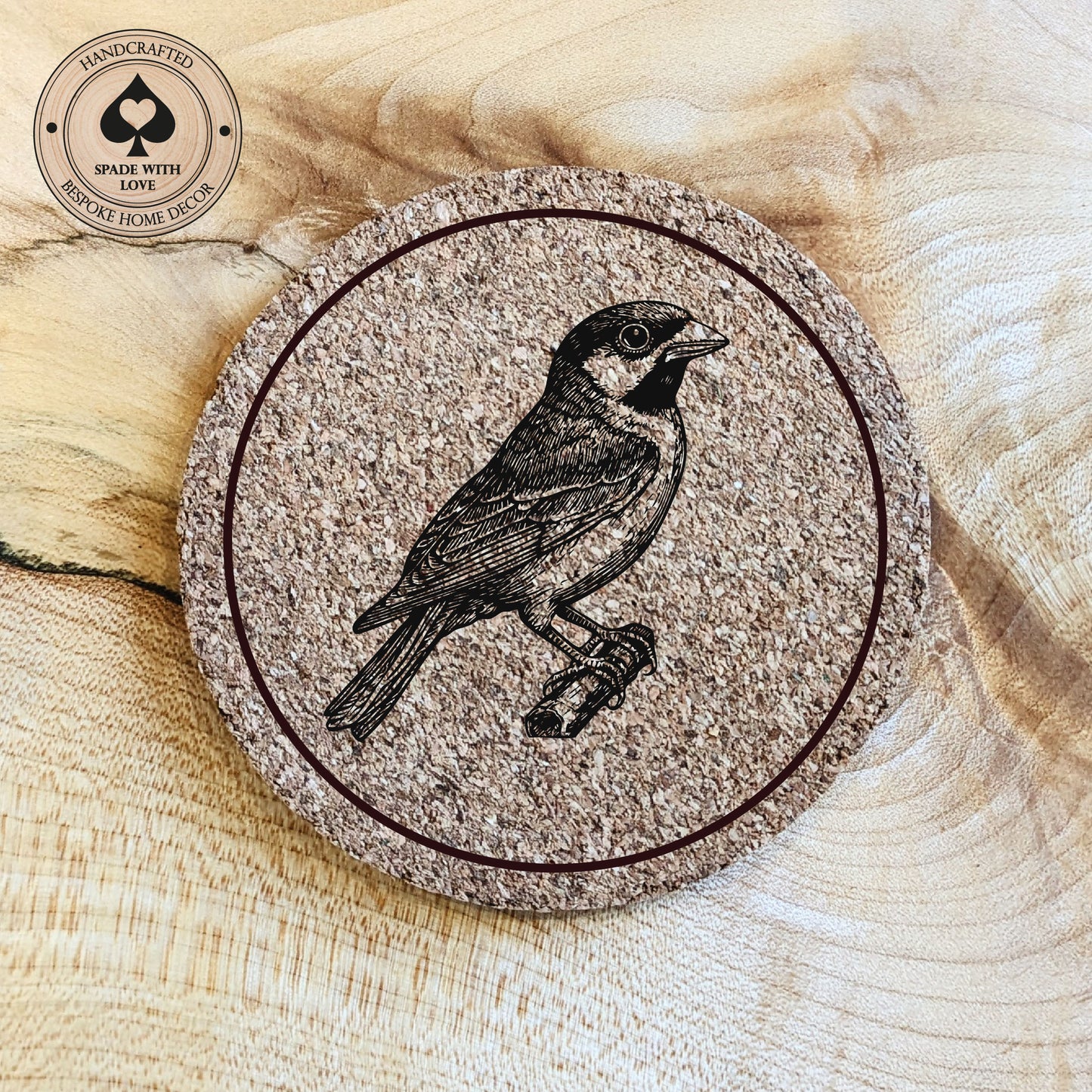 Cork Coasters - Sparrow Bird Laser Engraved Cork Coaster - UK Bird Coasters