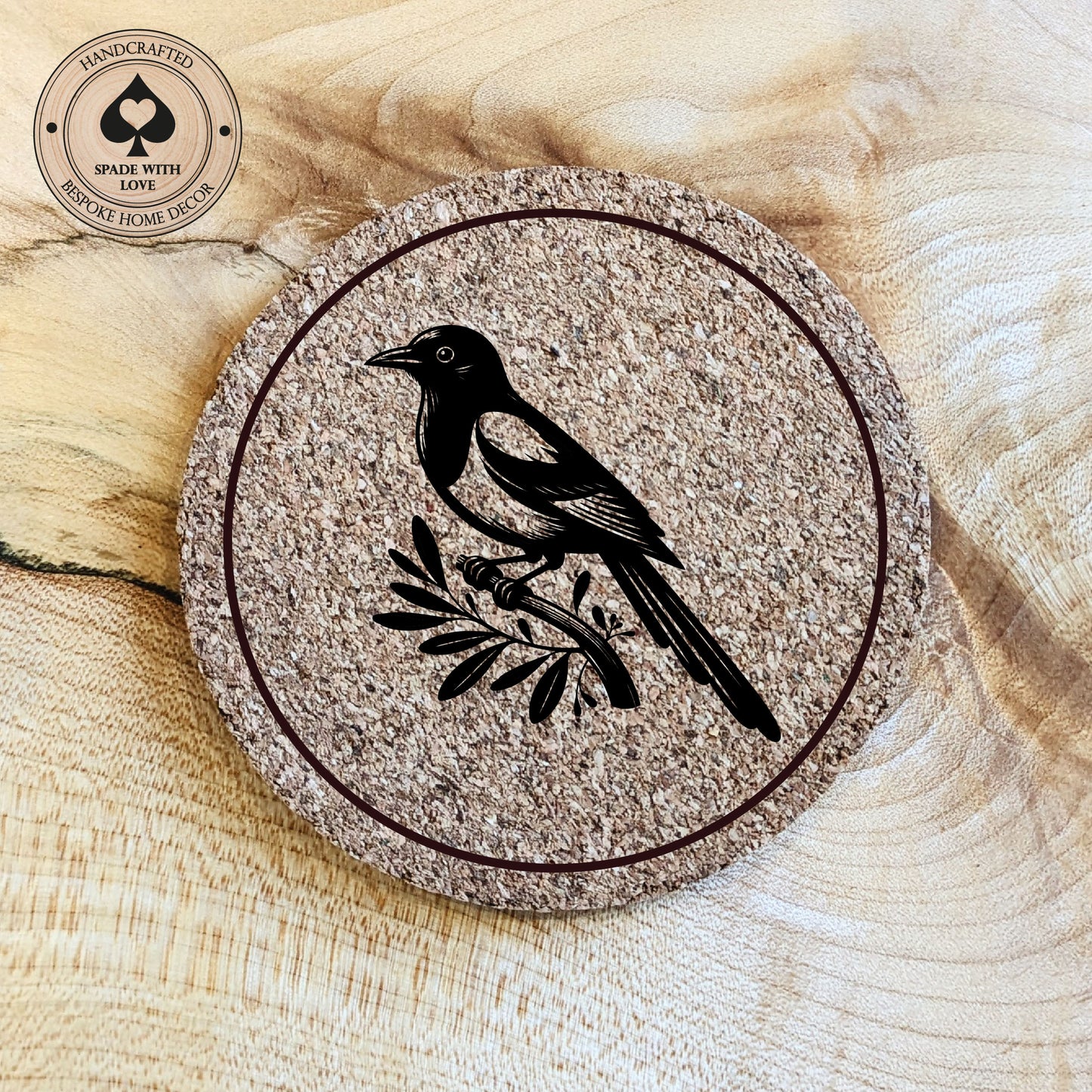 Cork Coasters - Magpie Bird Laser Engraved Cork Coaster - UK Bird Coasters