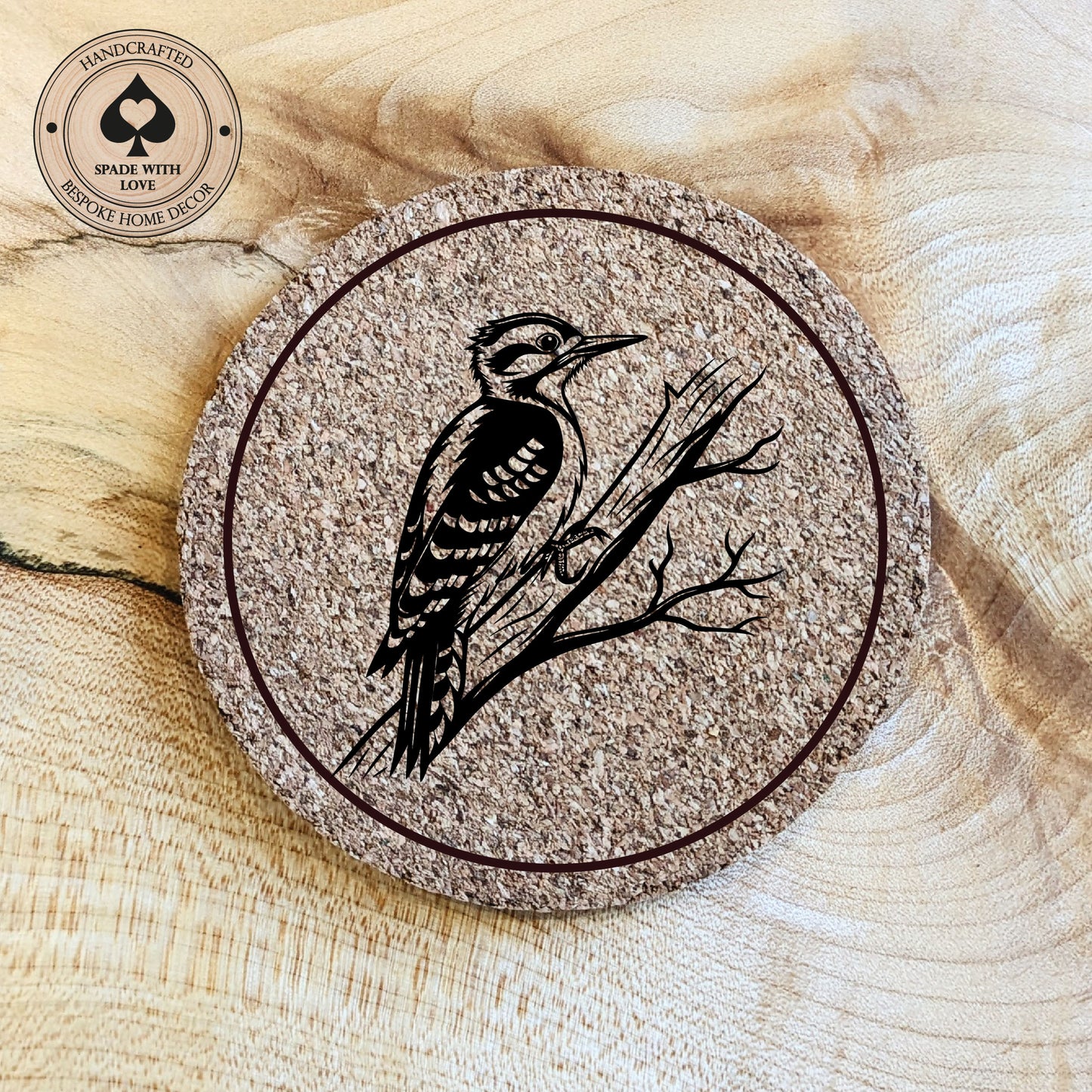 Cork Coasters - Woodpecker Bird Laser Engraved Cork Coaster - UK Bird Coasters