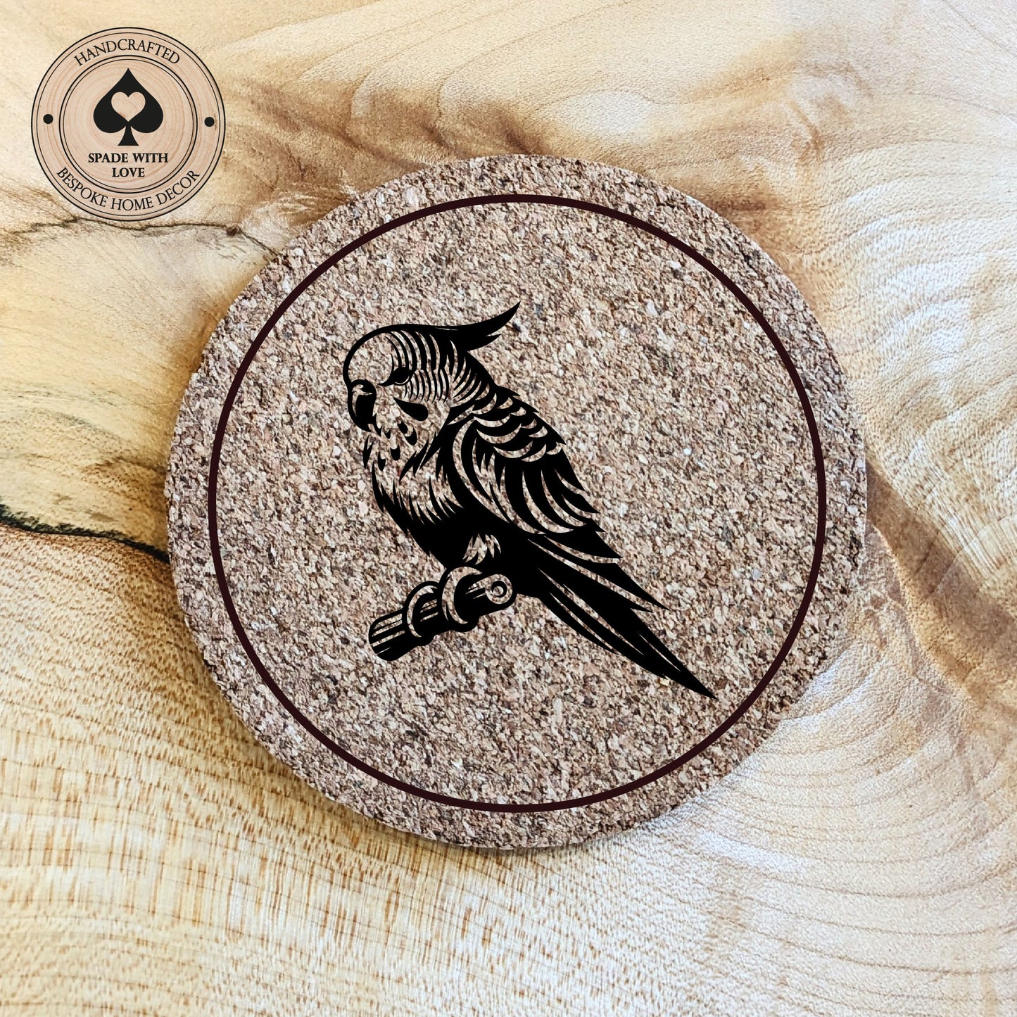 Cork Coasters - Parakeet Bird Laser Engraved Cork Coaster - UK Bird Coasters