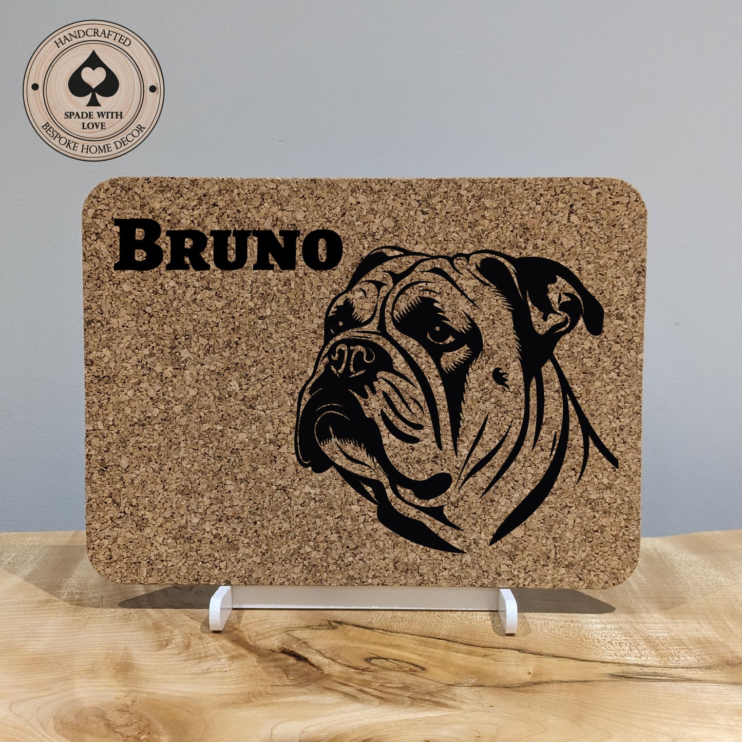 Personalised Pet Gift. Laser Engraved cork placemat of dogs