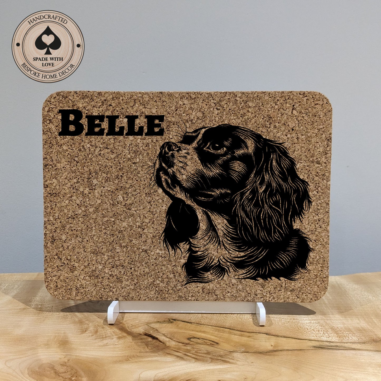 Personalised Pet Gift. Laser Engraved cork placemat of dogs