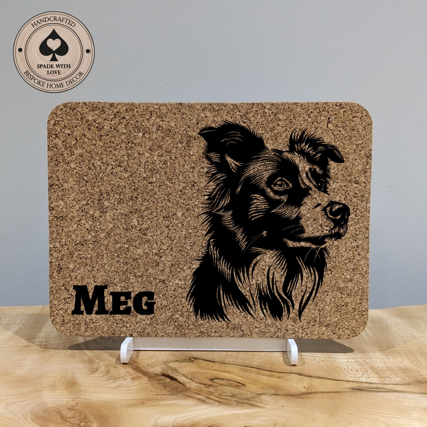 Personalised Pet Gift. Laser Engraved cork placemat of dogs