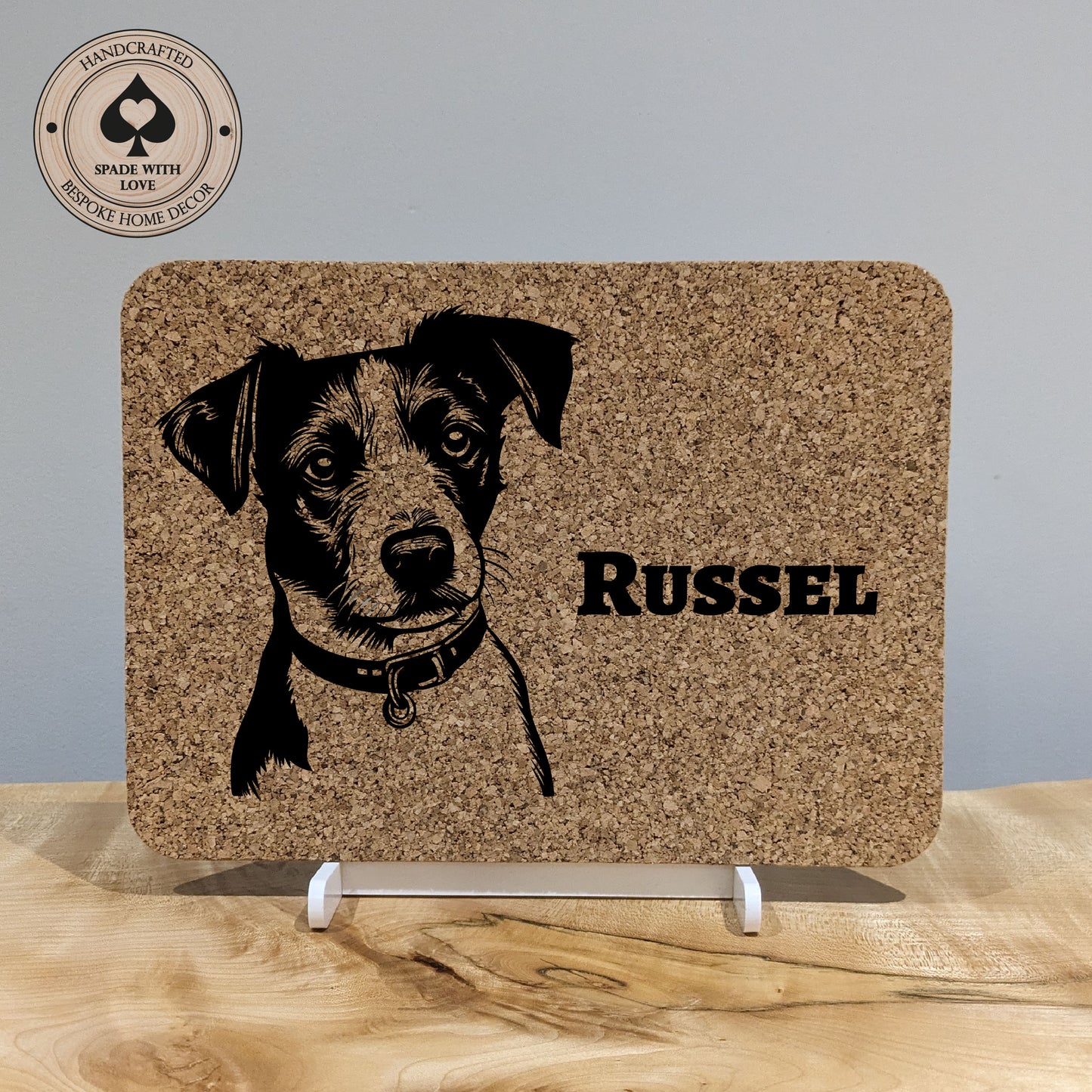 Personalised Pet Gift. Laser Engraved cork placemat of dogs