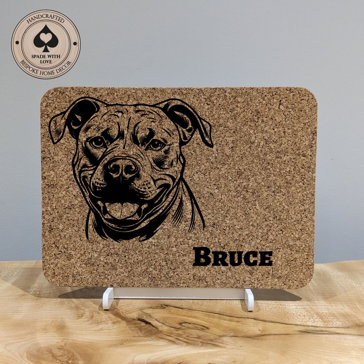 Personalised Pet Gift. Laser Engraved cork placemat of dogs
