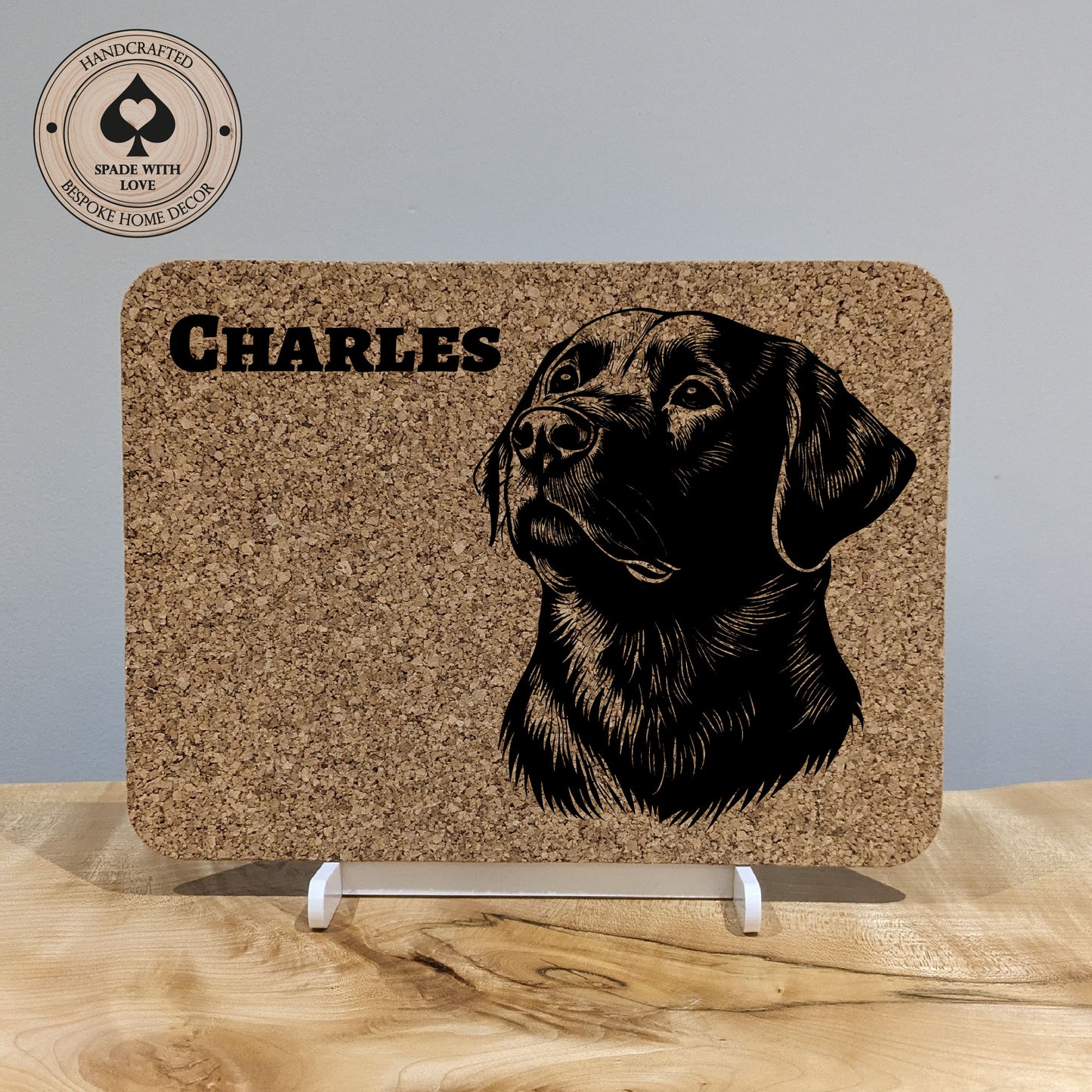 Personalised Pet Gift. Laser Engraved cork placemat of dogs
