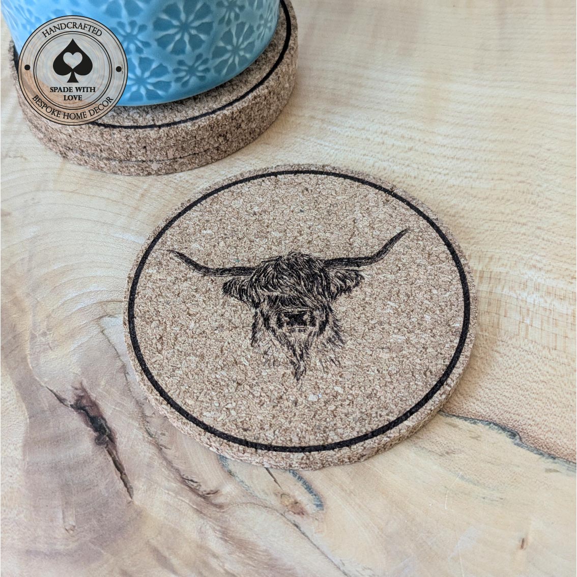 Highland Cow Cork Coaster - Laser Engraved. Highland cow design coaster