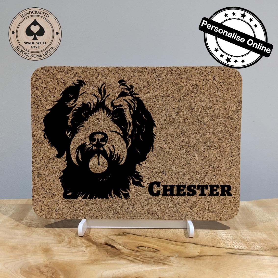 Personalised Pet Gift. Laser Engraved cork placemat of dogs