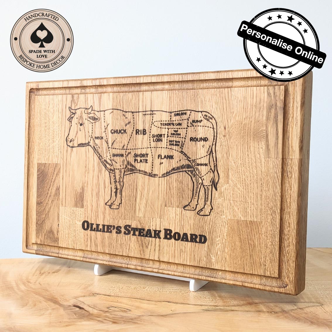 Personalised Solid Oak Steak Chopping Board - Custom Name Chopping Board - Solid Wood