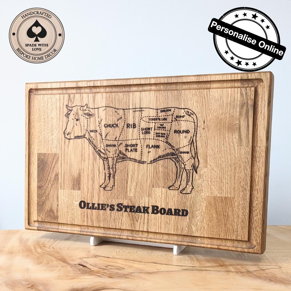 Personalised Solid Oak Steak Chopping Board - Custom Name Chopping Board - Solid Wood