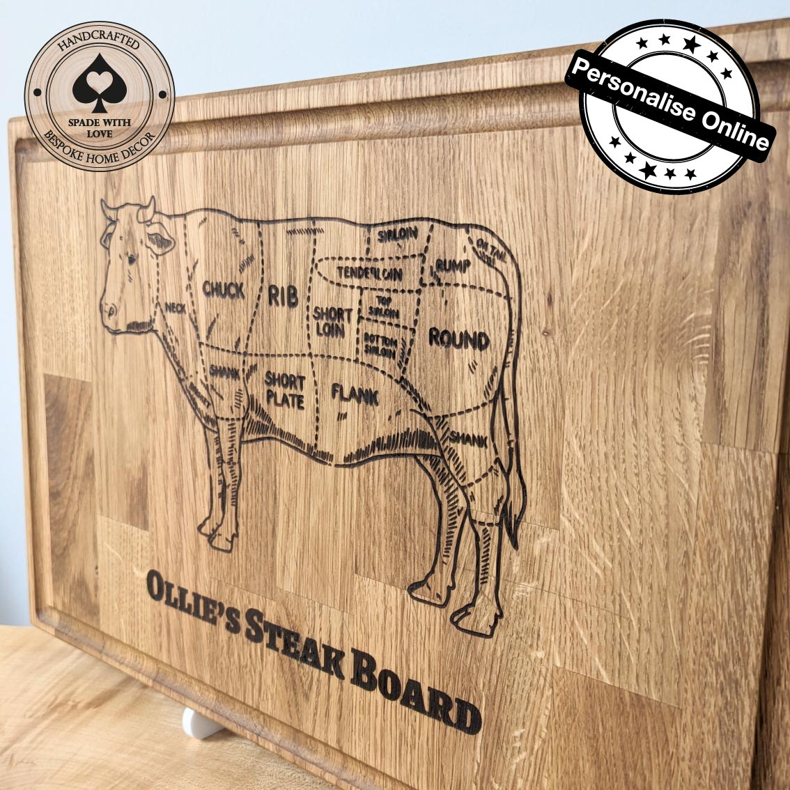 Personalised Solid Oak Steak Chopping Board - Custom Name Chopping Board - Solid Wood