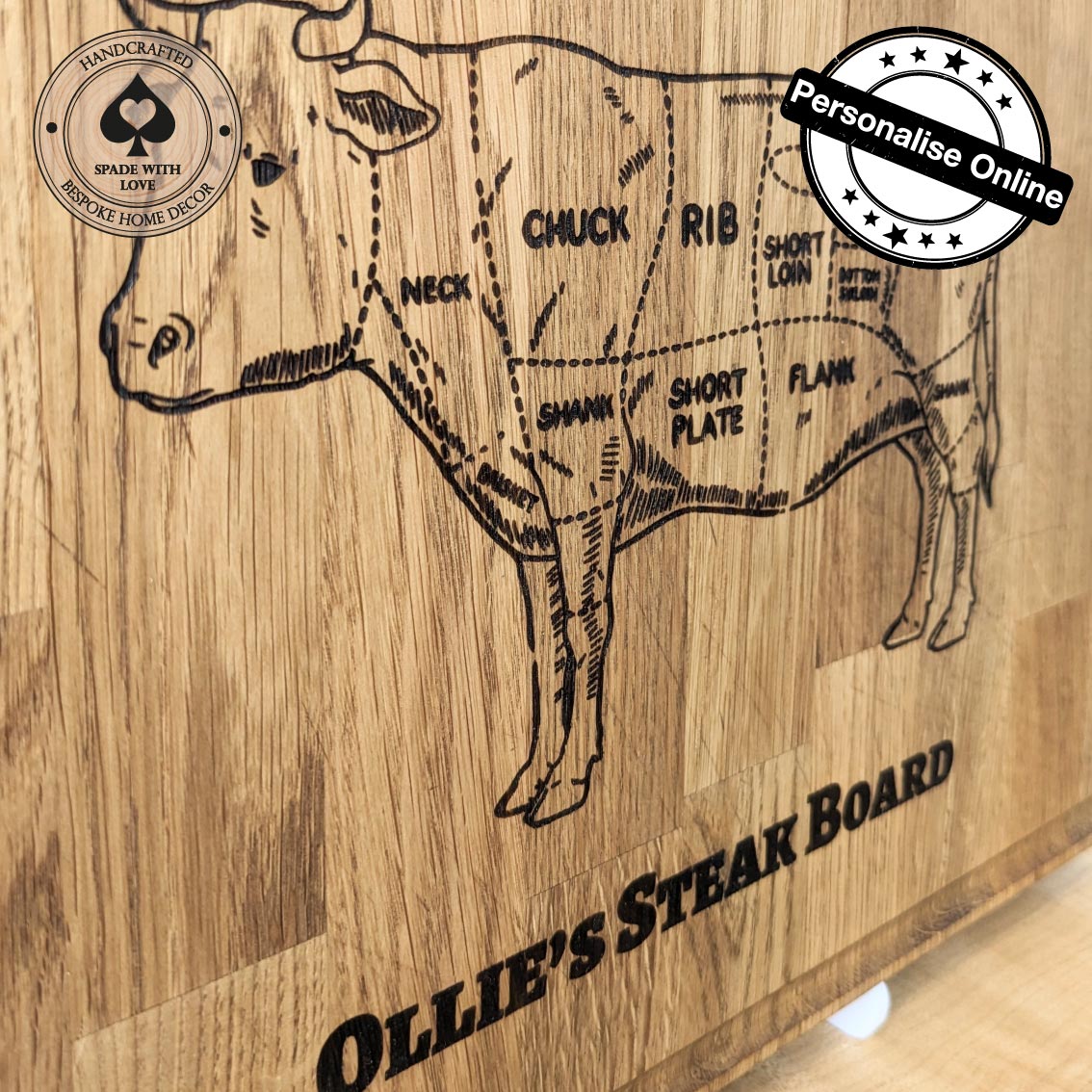 Personalised Solid Oak Steak Chopping Board - Custom Name Chopping Board - Solid Wood