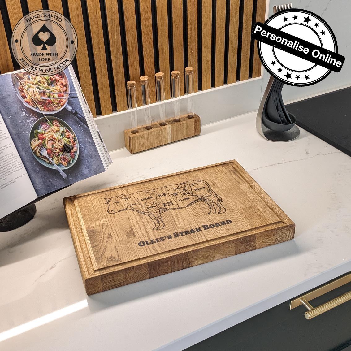 Personalised Solid Oak Steak Chopping Board - Custom Name Chopping Board - Solid Wood