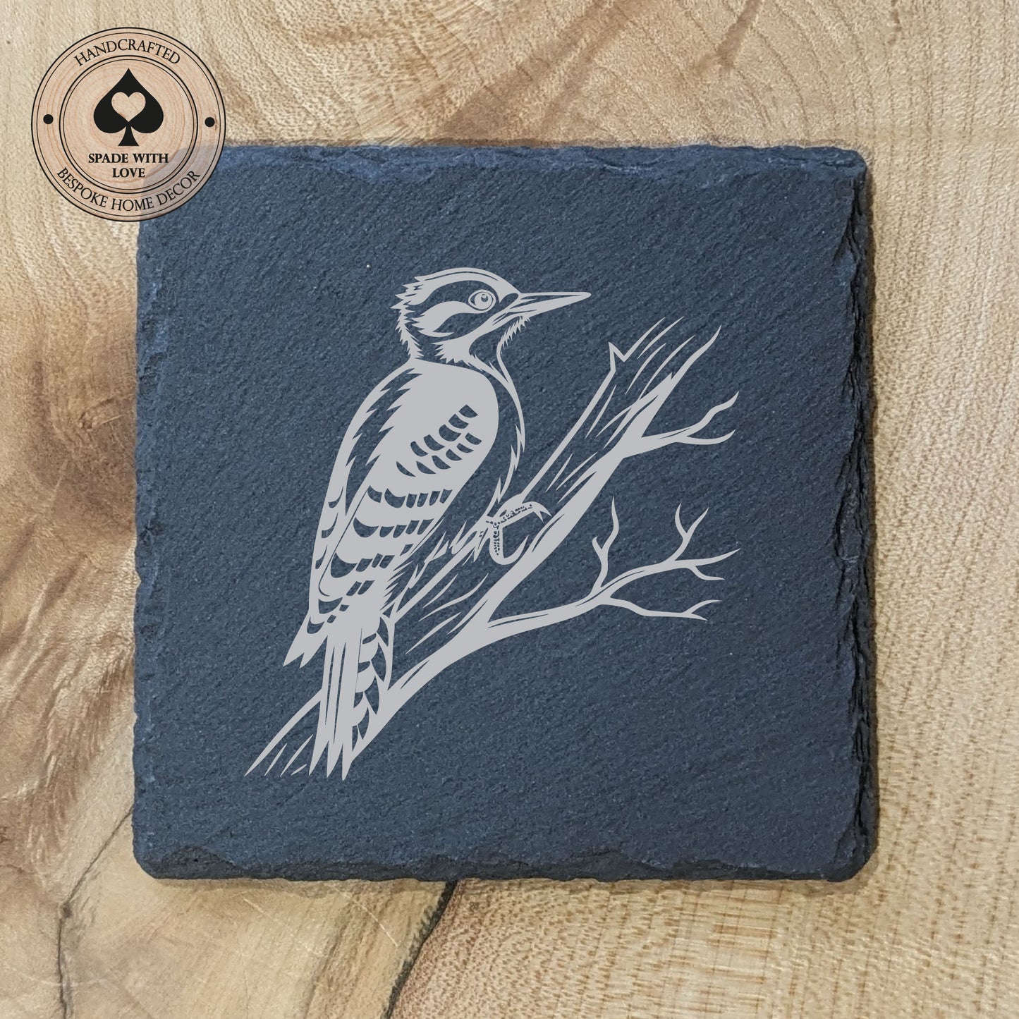 Slate Coasters - Woodpecker Bird Laser Engraved Slate Coaster - UK Bird Coasters