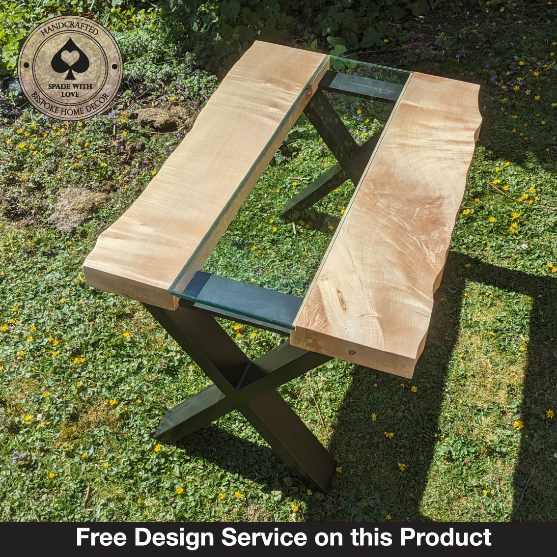 Solid Sycamore and Glass Coffee Table mounted on black x frame metal legs - glass Channel-Free Design Service