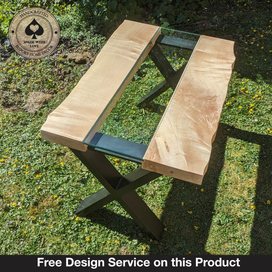 Solid Sycamore and Glass Coffee Table mounted on black x frame metal legs - glass Channel-Free Design Service