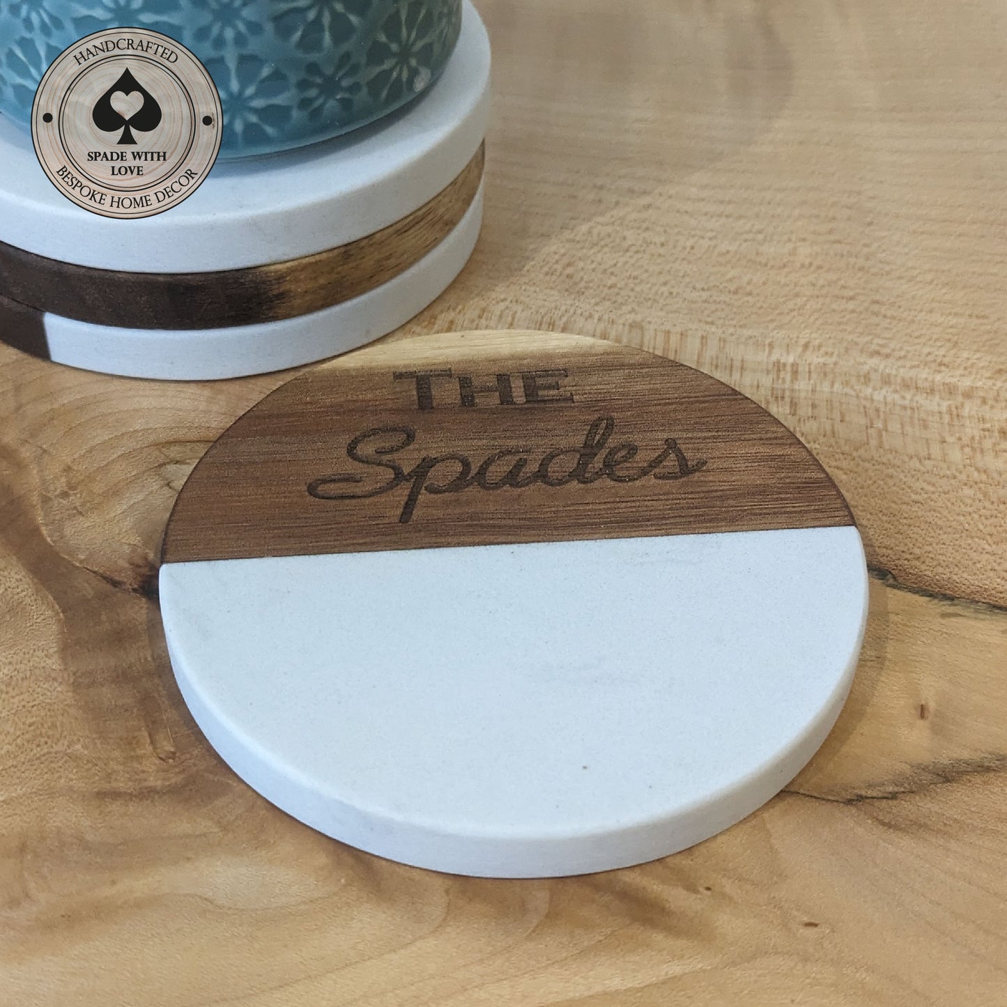 White Marble and Wood Personlaised Coasters - Personalised Name