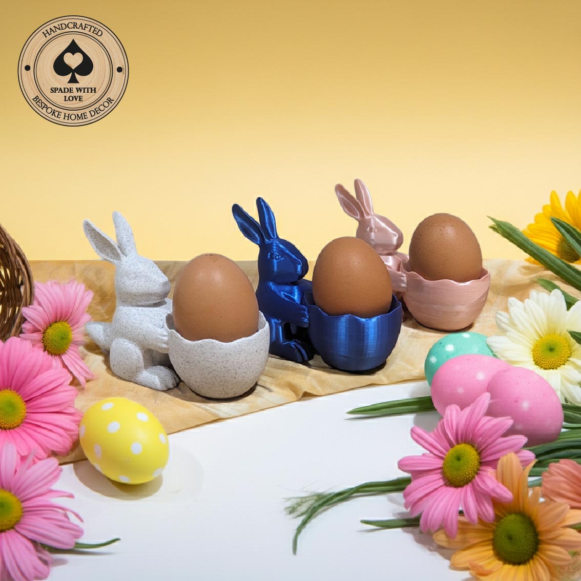 3d Printed Bunny Rabbit Egg Cups - Egg Holder. Blue egg cup. Pink egg cup. White egg cup.