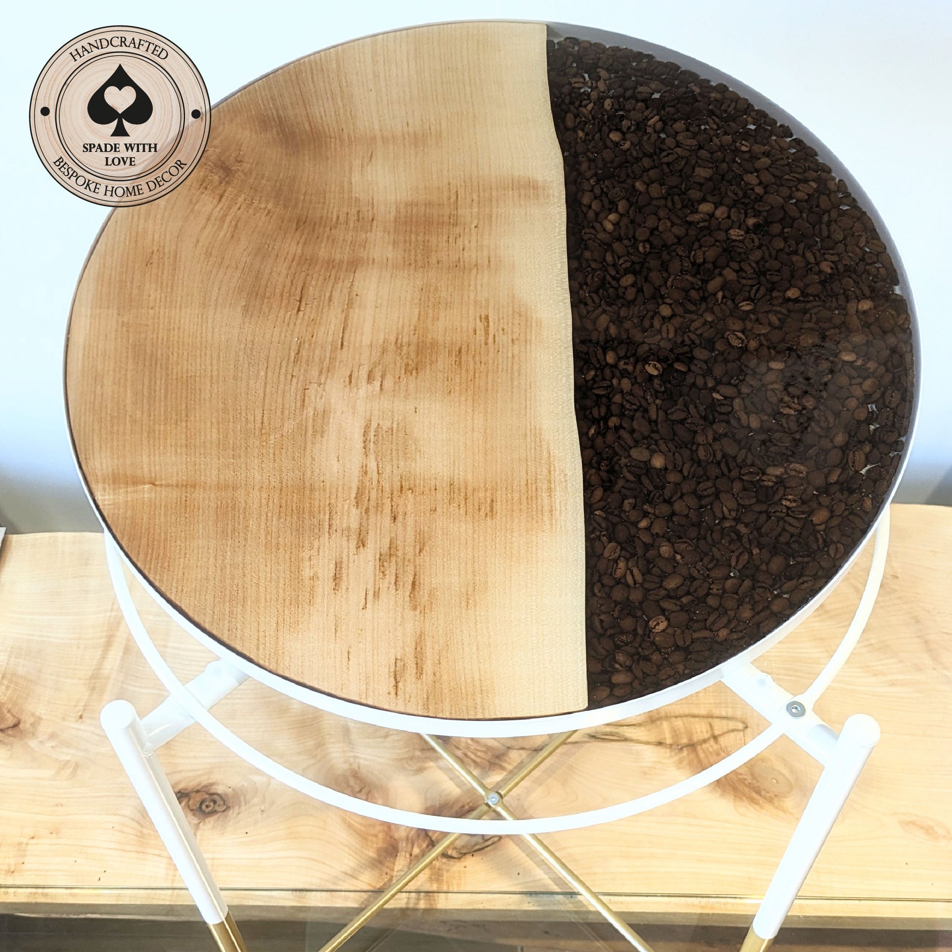 Bespoke Made Side End Table with Wood and Coffee Beans in Resin