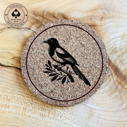 Cork Coasters - Magpie Bird Laser Engraved Cork Coaster - UK Bird Coasters