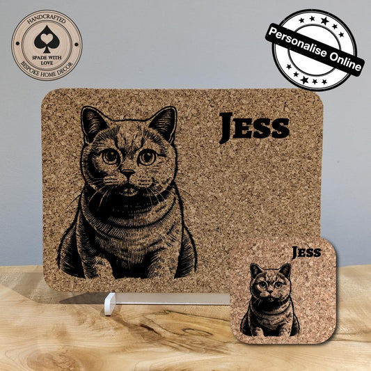 Cork Placemat - Personalised Cat Laser engraved Pet Gifts. Cork and Coaster Set
