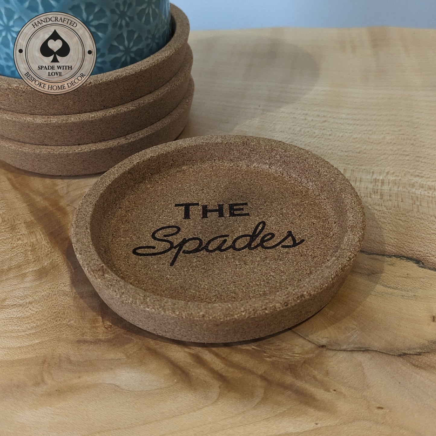 Deep Dish Personalised Cork Coaster - Laser Engraved with Names Logos or Phrases