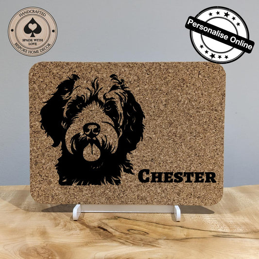 Personalised Pet Gift. Laser Engraved cork placemat of dogs