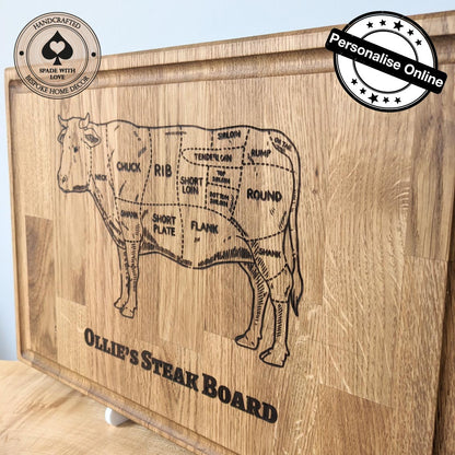 Personalised Solid Oak Steak Chopping Board - Custom Name Chopping Board - Solid Wood