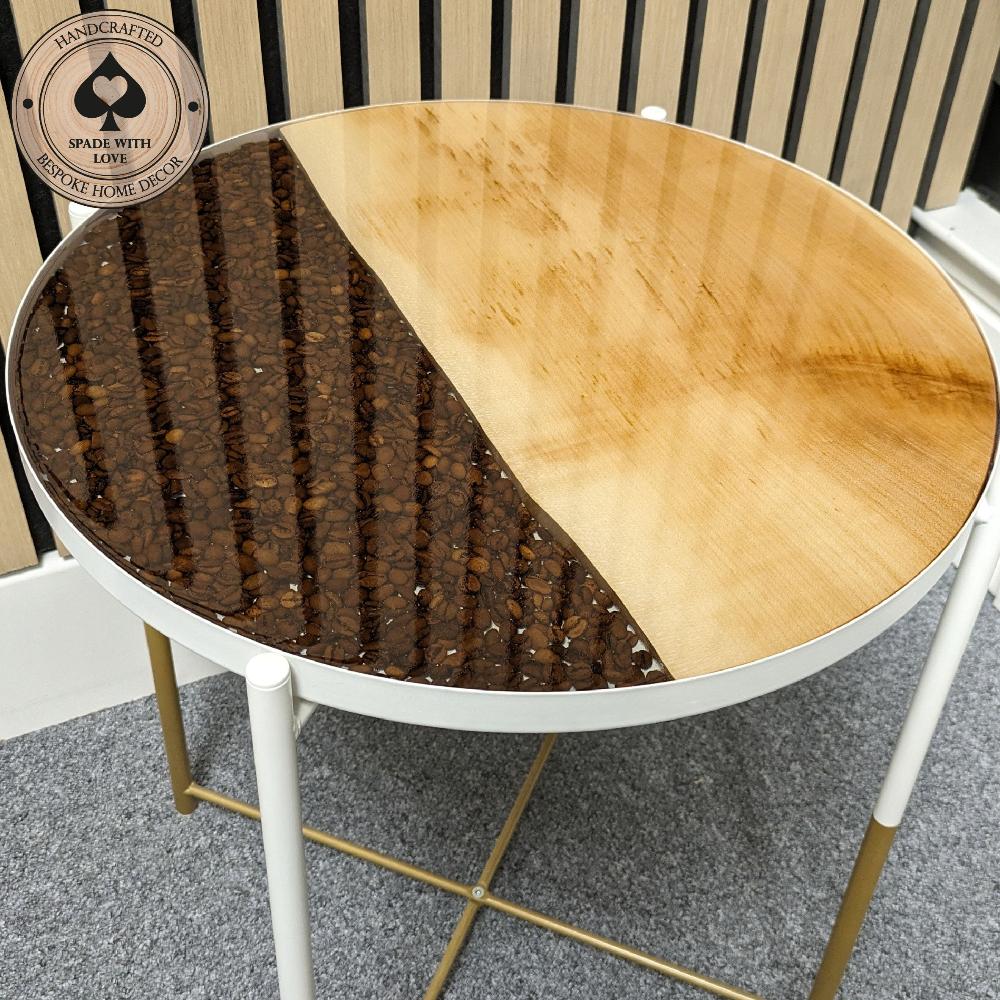 Bespoke Made Side End Table with Wood and Coffee Beans in Resin