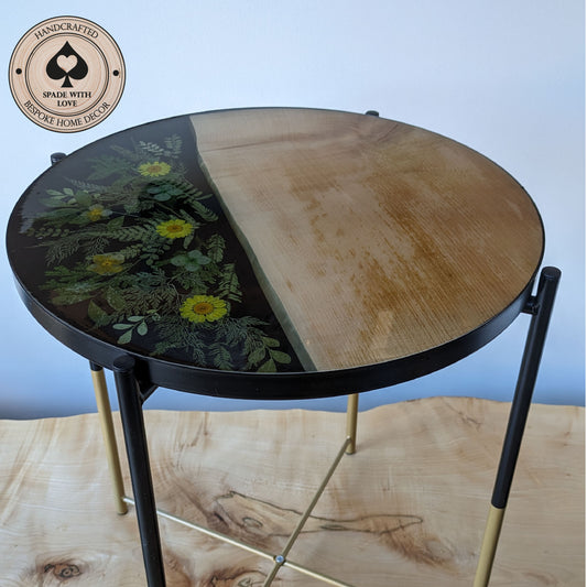 Resin and Wood Side/End Table - Removable Tray - Flowers