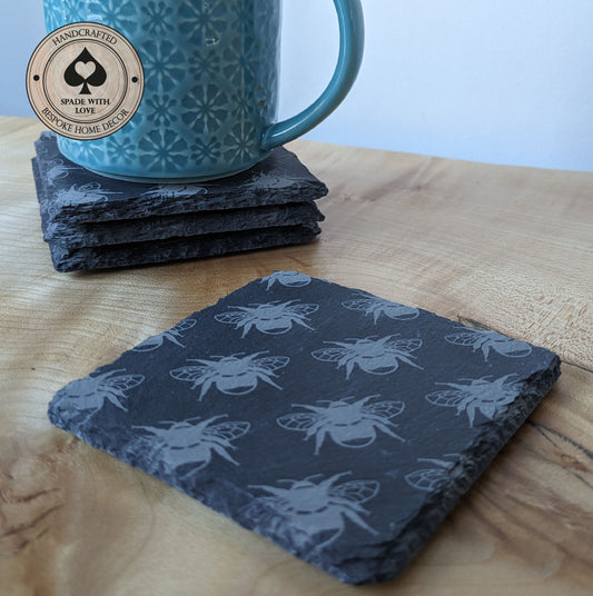 Slate Coasters - Laser Engraved Bee's