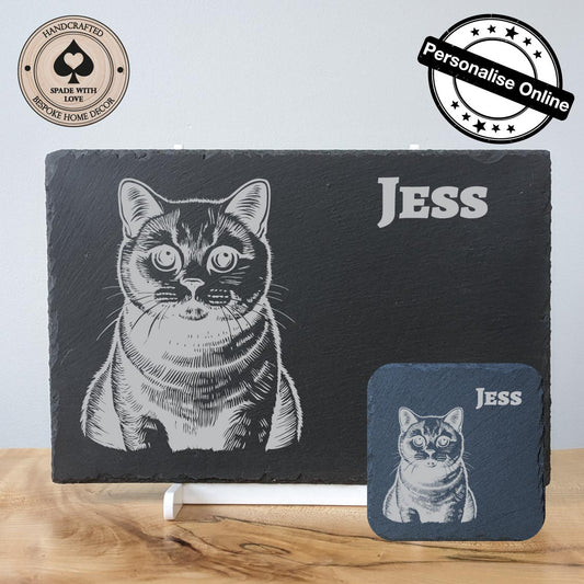 Slate Placemat and Coaster Set - Personalised Cat Laser engraved Pet Gifts. Personalised Homeware