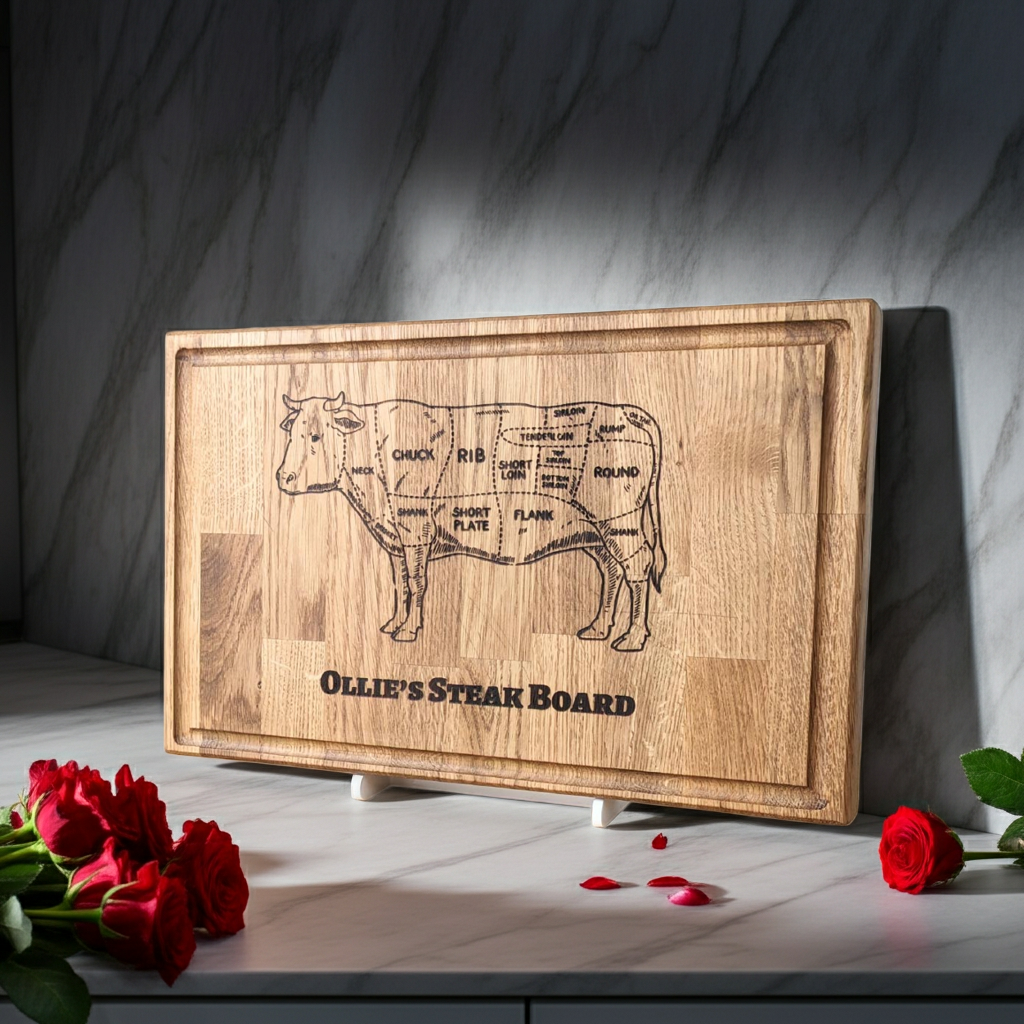 Personalised Solid Oak Steak Chopping Board - Custom Name Chopping Board - Valentines Chopping Board