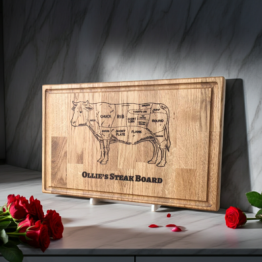 Personalised Solid Oak Steak Chopping Board - Custom Name Chopping Board - Valentines Chopping Board