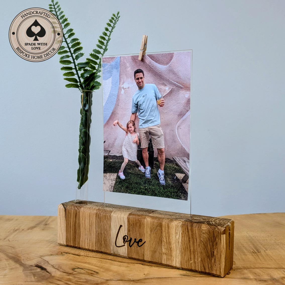 Solid Oak Personalised Photo Holder - Flower and Photo Holder - Personalised Gifts