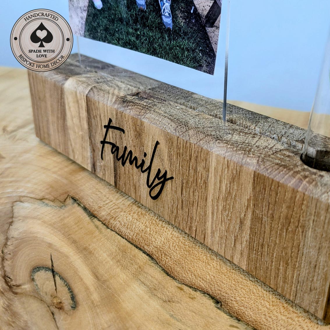 Solid Oak Personalised Photo Holder - Flower and Photo Holder - Personalised Gifts