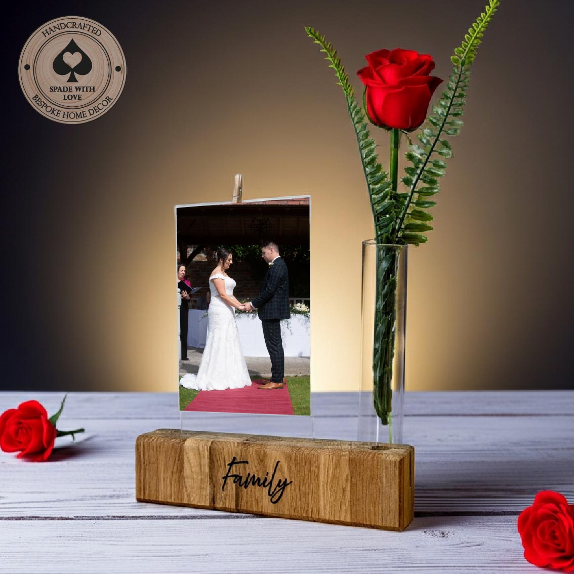 Solid Oak Personalised Photo Holder - Flower and Photo Holder - Valentines Gifts