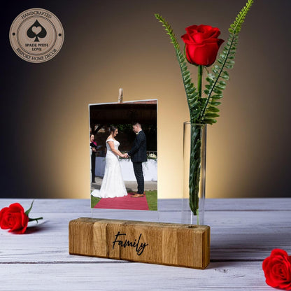 Solid Oak Personalised Photo Holder - Flower and Photo Holder - Valentines Gifts