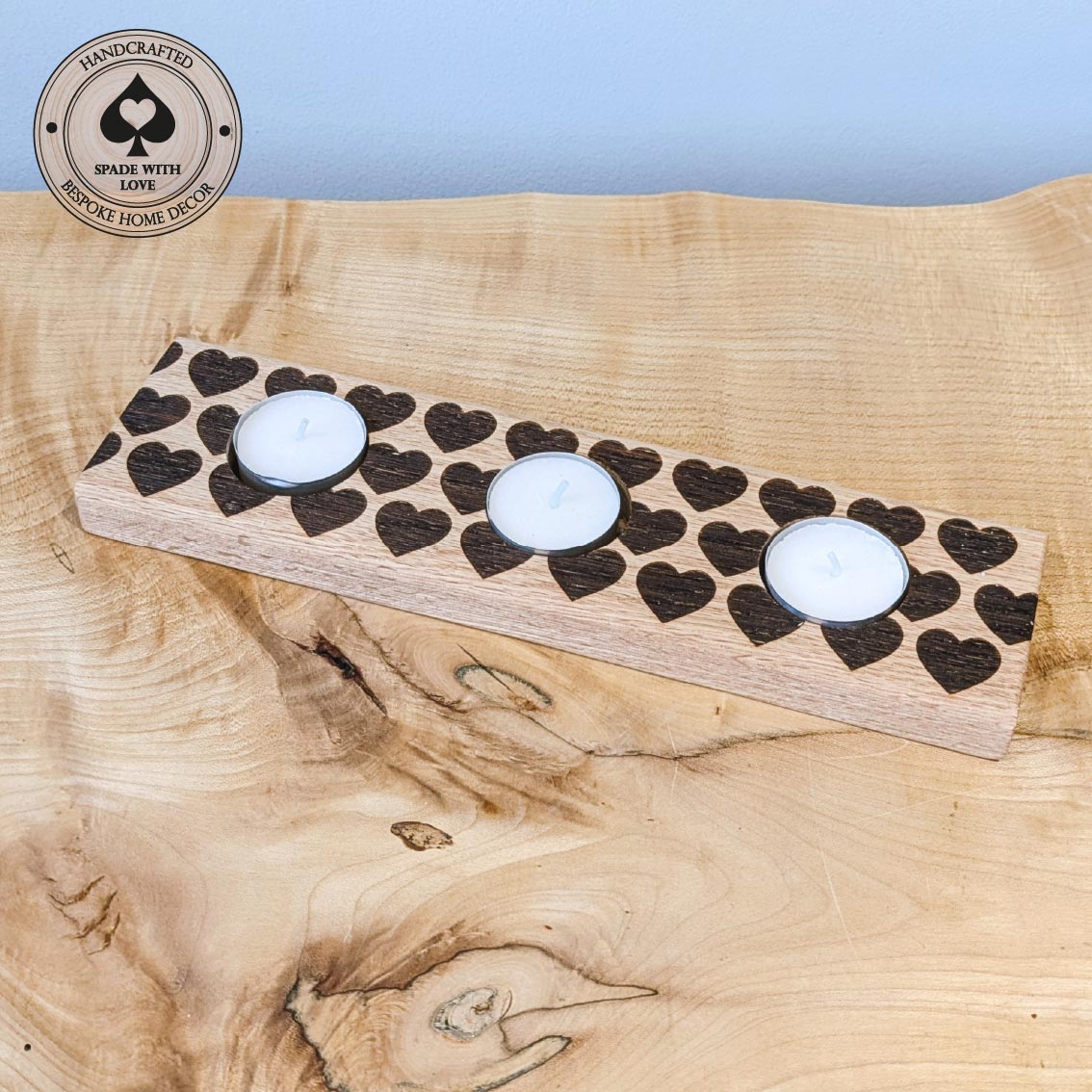 Solid Oak Tea Light Holder with Heart Laser Engraving. Valentines Gift