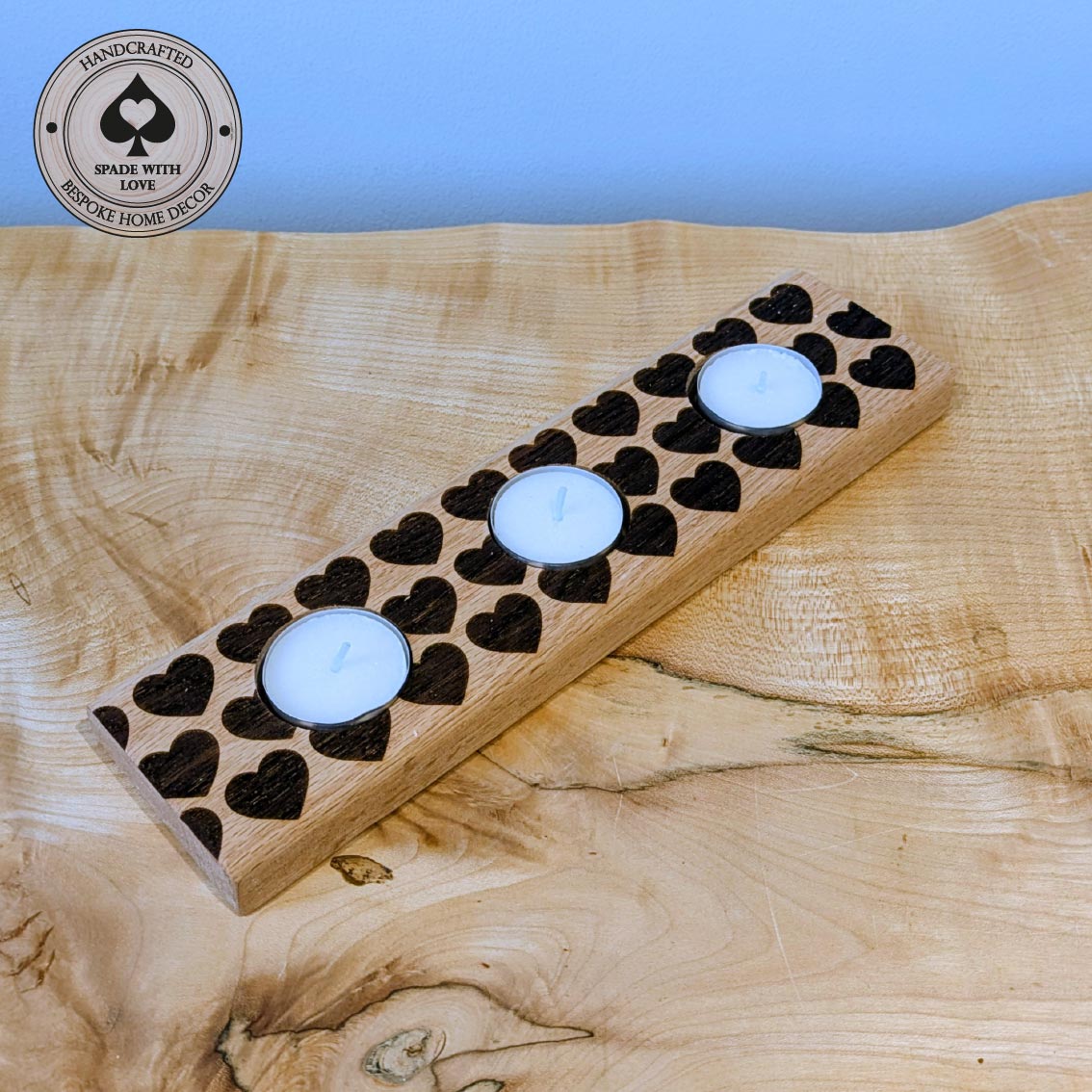 Solid Oak Tea Light Holder with Heart Laser Engraving. Valentines Gift
