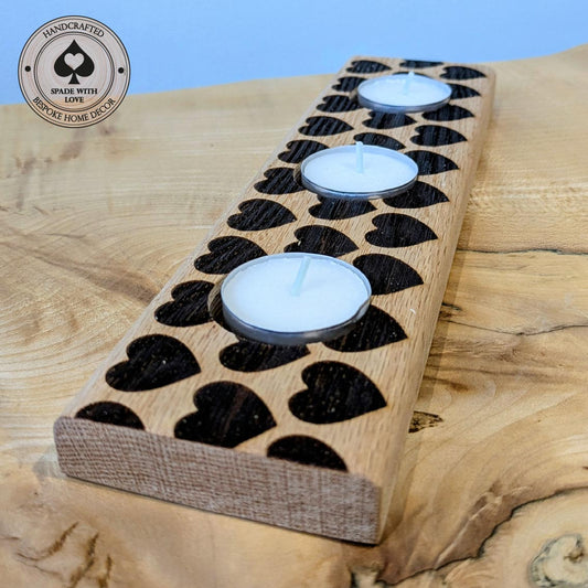 Solid Oak Tea Light Holder with Heart Laser Engraving. Valentines Gift