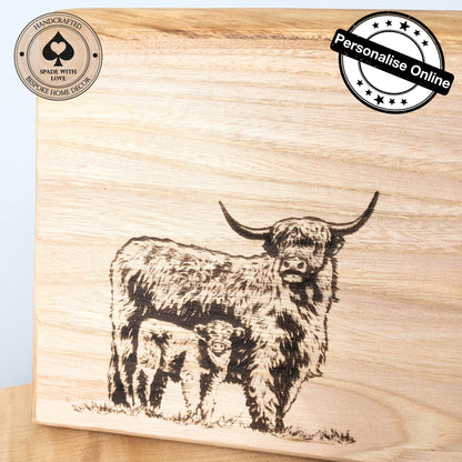 Solid Wood Serving Board - Personalised Serving Board - Custom Wooden Serving Board - Add your Name Board - Highland Cow Serving Board