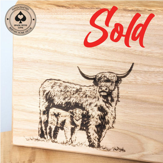 Personalised Serving Board - Elm - Highland Cow - 48cm x 16cm x 2cm
