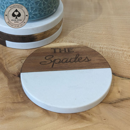 White Marble and Wood Personlaised Coasters - Personalised Name