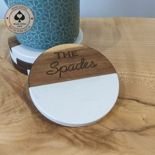 White Marble and Wood Personlaised Coasters - Personalised Name